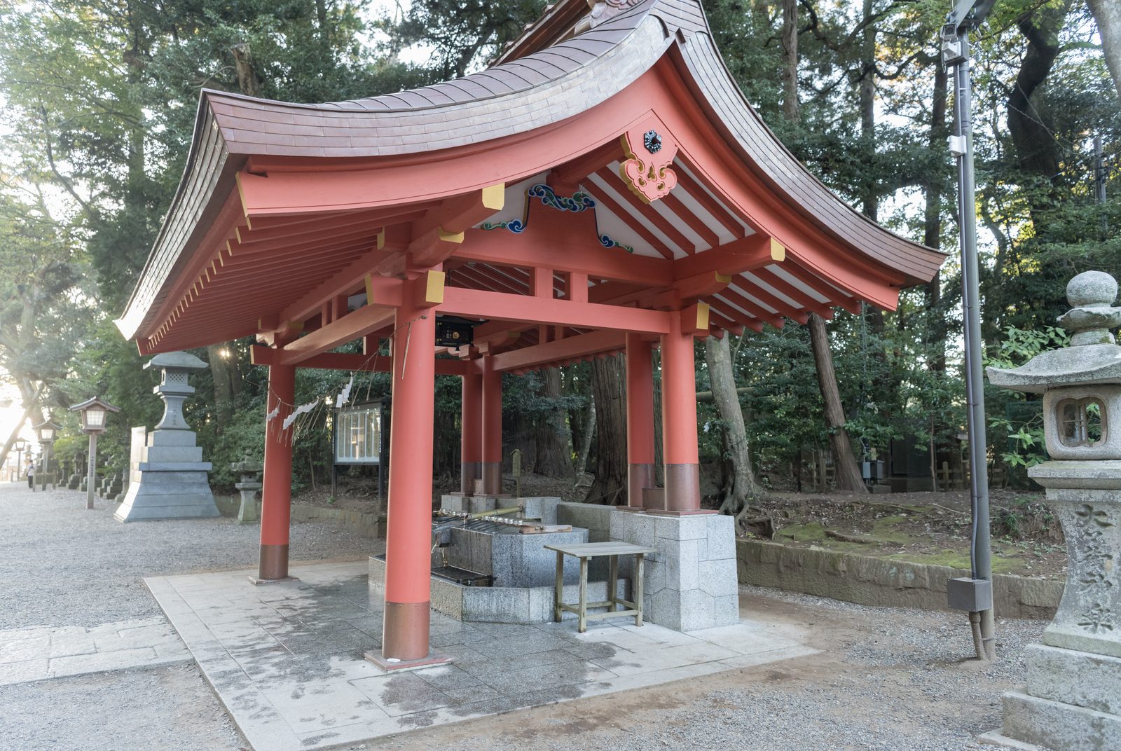 朱塗りの手水舎