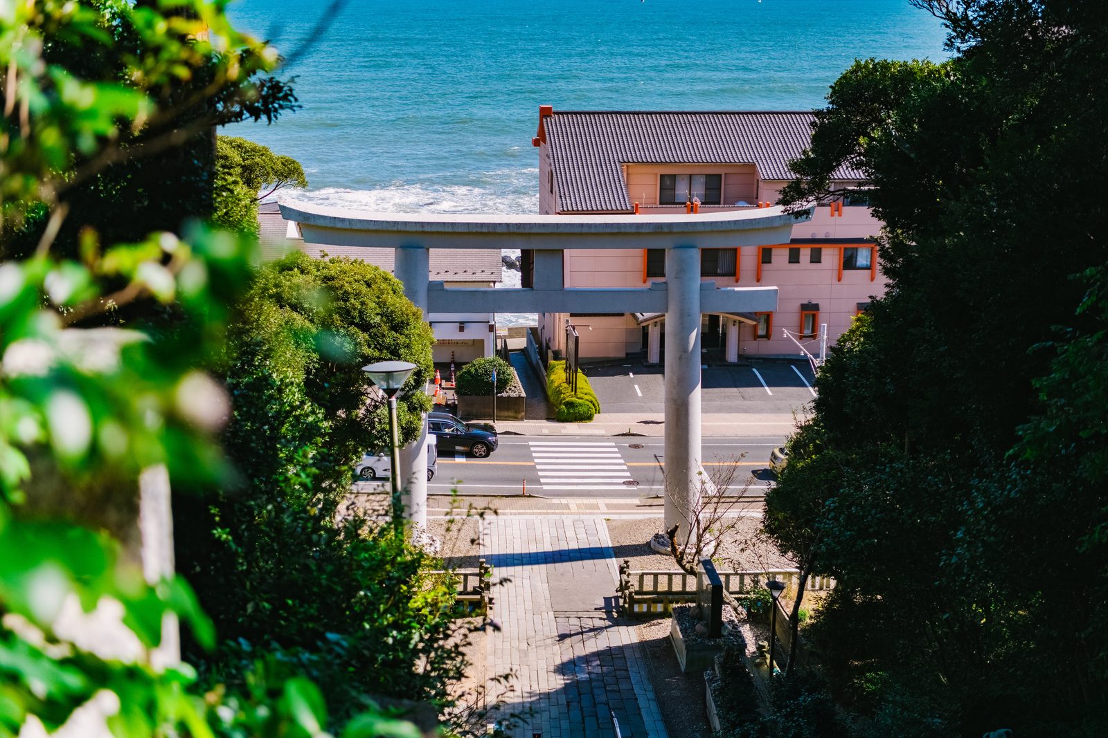 丘の上から見下ろした鳥居と海